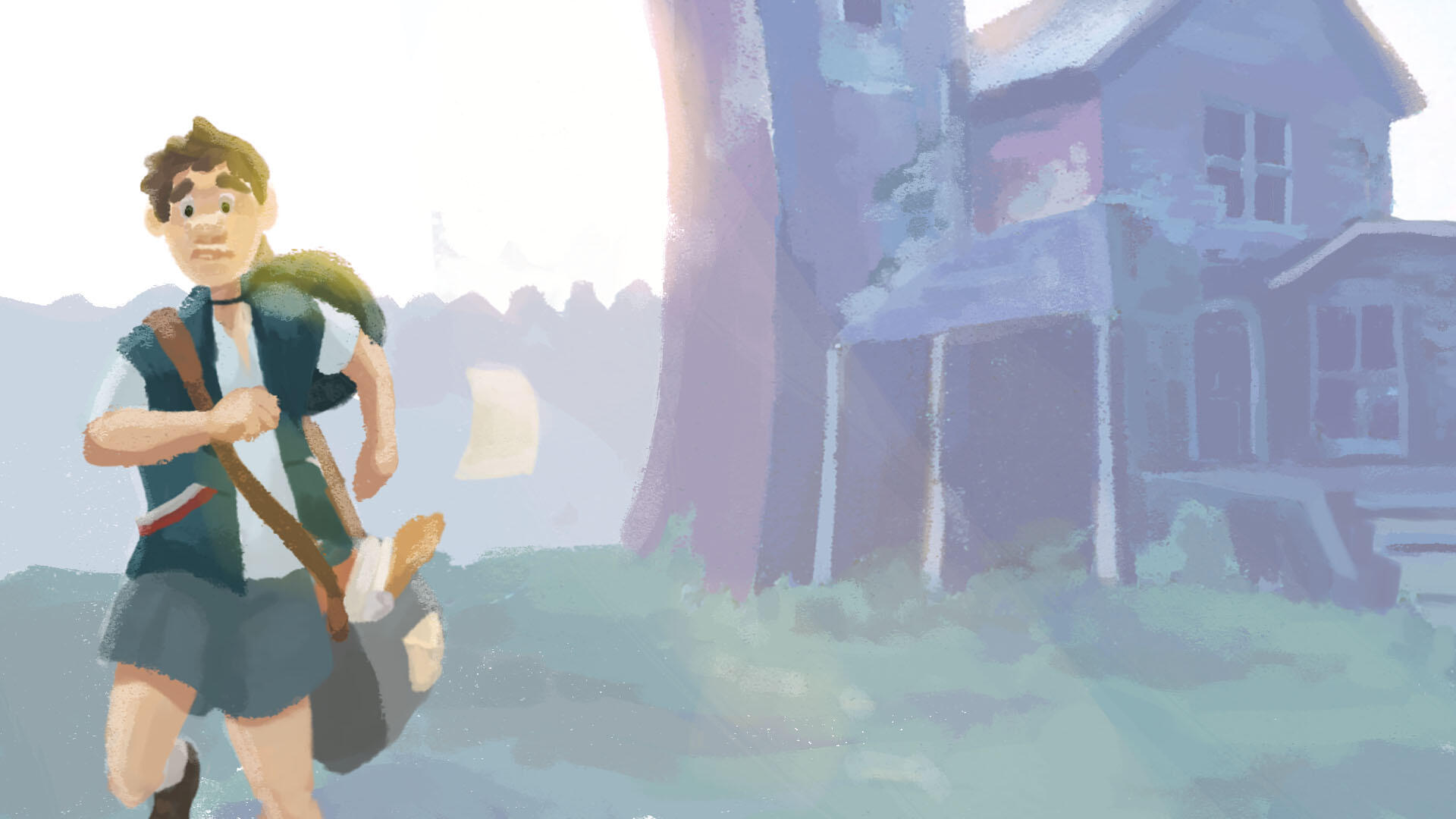 He flees from the abandoned manor (formerly in suburbia)